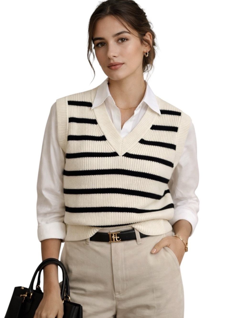 Zara Cream and Black Striped Sweater Knit Vest, preppy